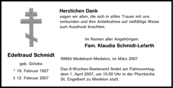 Traueranzeige von Edeltraud Schmidt von Tageszeitung