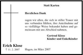 Traueranzeige von Erich Klose von Tageszeitung