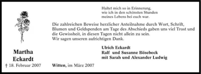  Traueranzeige für Martha Eckardt vom 31.03.2007 aus Tageszeitung