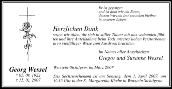 Traueranzeige von Georg Wessel von Tageszeitung