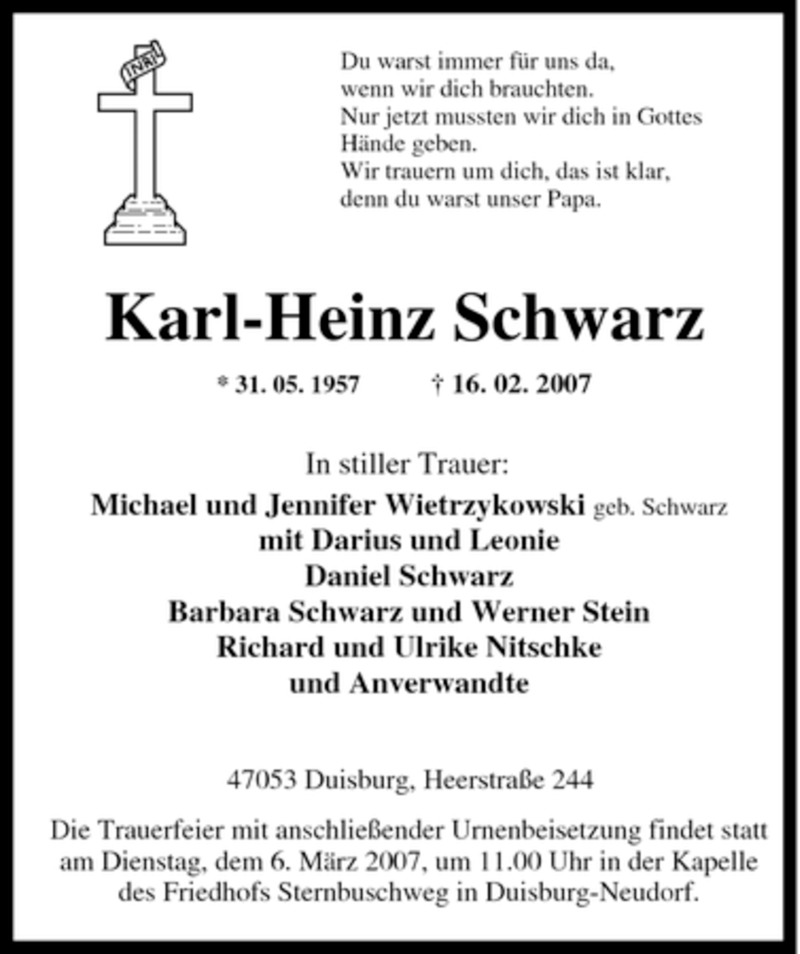  Traueranzeige für Karl-Heinz Schwarz vom 01.03.2007 aus Tageszeitung