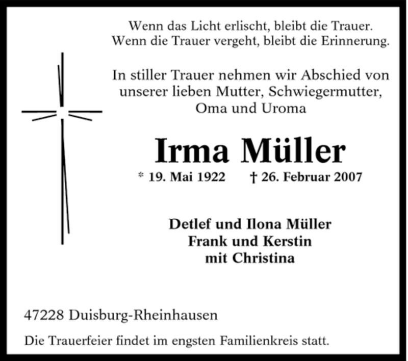  Traueranzeige für Irma Müller vom 01.03.2007 aus Tageszeitung