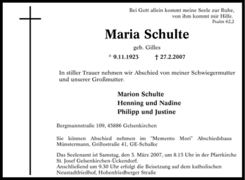 Traueranzeige von Maria Schulte von Tageszeitung