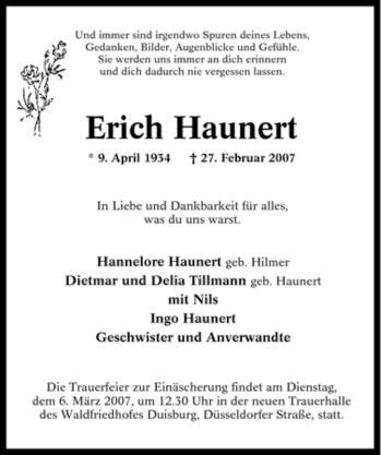 Traueranzeige von Erich Haunert von Tageszeitung