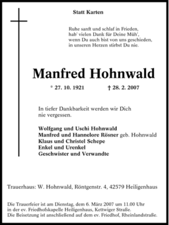 Traueranzeige von Manfred Hohnwald von Tageszeitung