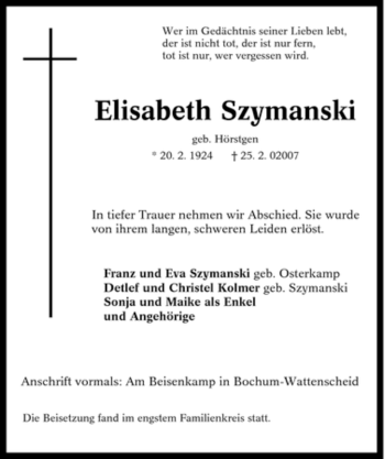 Traueranzeige von Elisabeth Szymanski von Tageszeitung