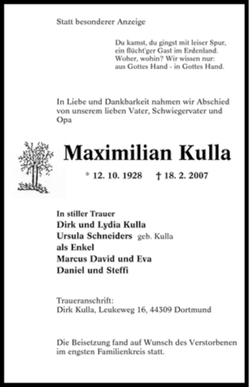 Traueranzeige von Maximilian Kulla von Tageszeitung