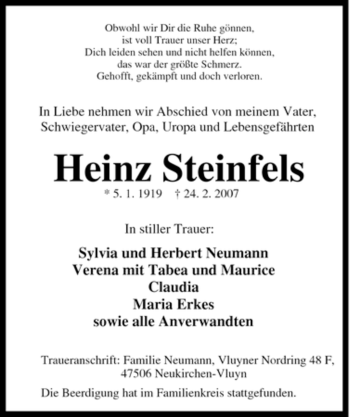 Traueranzeige von Heinz Steinfels von Tageszeitung