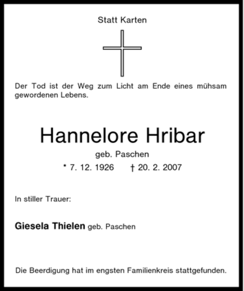  Traueranzeige für Hannelore Hribar vom 03.03.2007 aus Tageszeitung