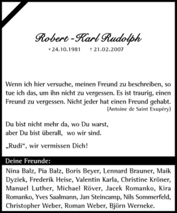 Traueranzeige von Robert-Karl Rudolf von Tageszeitung