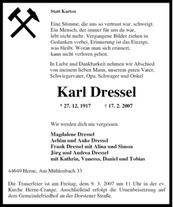 Traueranzeige von Karl Dressel von Tageszeitung