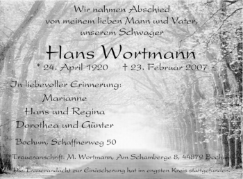 Traueranzeige von Hans Wortmann von Tageszeitung