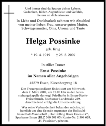 Traueranzeige von Helga Possinke von Tageszeitung
