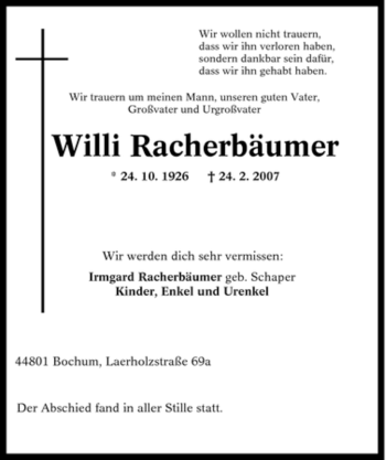 Traueranzeige von Willi Racherbäumer von Tageszeitung