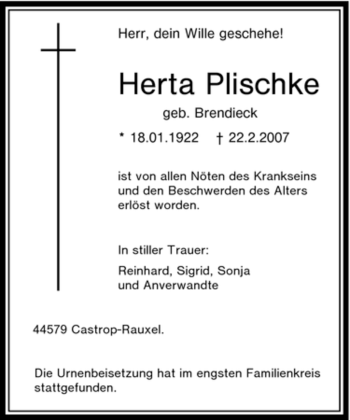 Traueranzeige von Herta Plischke von Tageszeitung