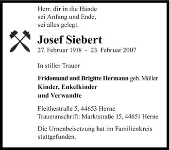 Traueranzeige von Josef Siebert von Tageszeitung