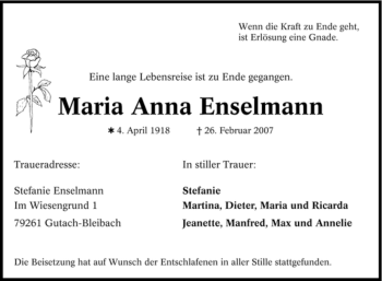 Traueranzeige von Maria Anna Enselmann von Tageszeitung