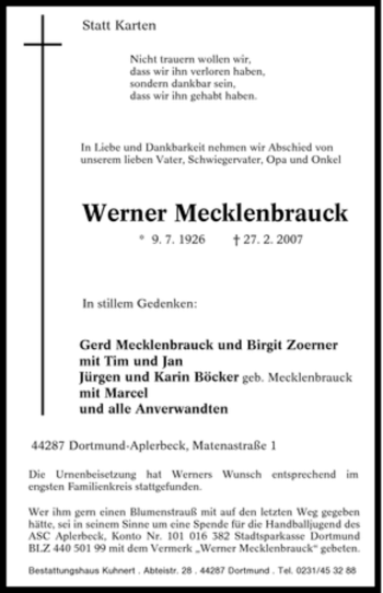 Traueranzeige von Werner Mecklenbrauck von Tageszeitung