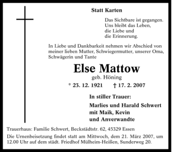 Traueranzeige von Else Mattow von Tageszeitung