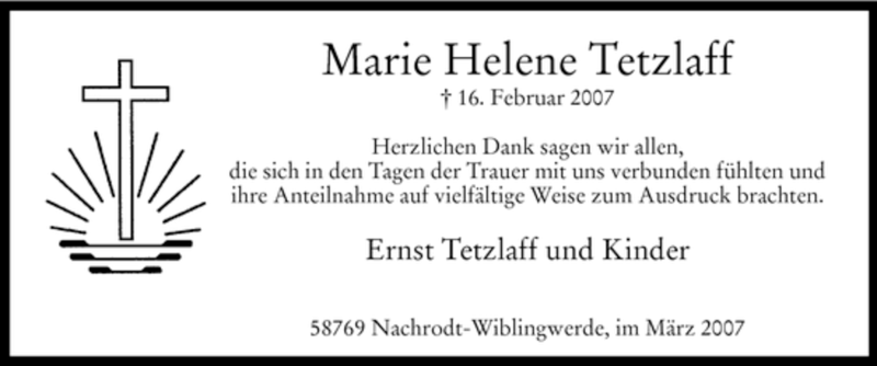  Traueranzeige für Marie Helene Tetzlaff vom 20.03.2007 aus Tageszeitung