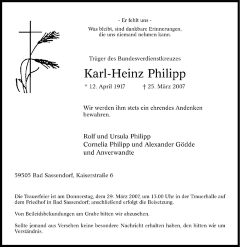  Traueranzeige für Karl-Heinz Philipp vom 26.03.2007 aus Tageszeitung