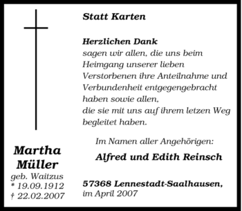 Traueranzeige von Martha Müller von Tageszeitung