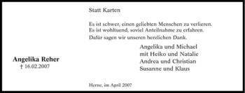 Traueranzeige von Angelika Reher von Tageszeitung