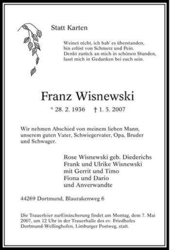 Traueranzeige von Franz Wisnewski von Tageszeitung