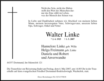Traueranzeige von Walter Linke von Tageszeitung