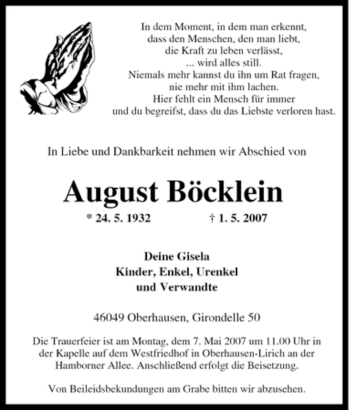 Traueranzeige von August Böcklein von Tageszeitung