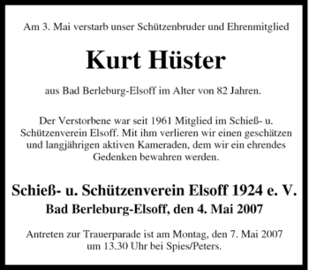 Traueranzeige von Kurt Hüster von Tageszeitung