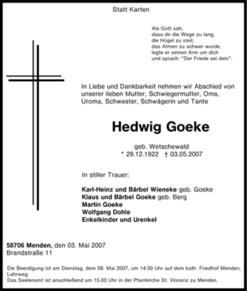 Traueranzeige von Hedwig Goeke von Tageszeitung