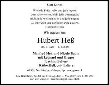 Traueranzeige von Hubert Heß von Tageszeitung