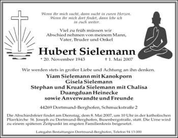 Traueranzeige von Hubert Sielemann von Tageszeitung