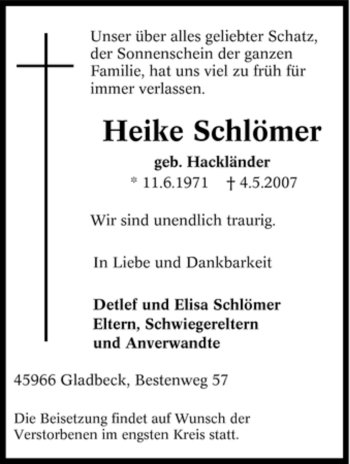 Traueranzeige von Heike Schlömer von Tageszeitung