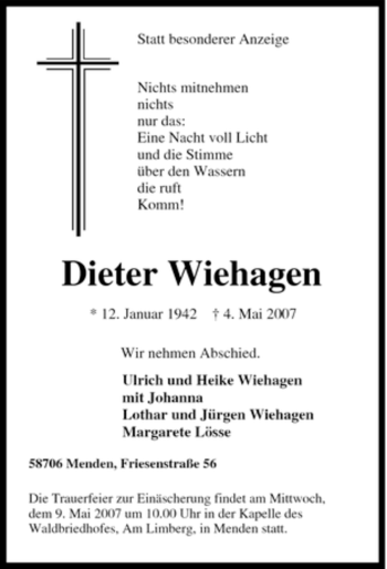 Traueranzeige von Dieter Wiehagen von Tageszeitung