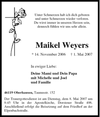Traueranzeige von Maikel Weyers von Tageszeitung