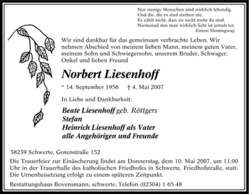 Traueranzeige von Norbert Liesenhoff von Tageszeitung
