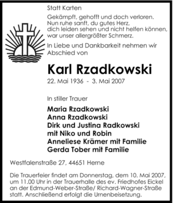 Traueranzeige von Karl Rzadkowski von Tageszeitung