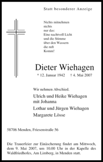 Traueranzeige von Dieter Wiehagen von Tageszeitung