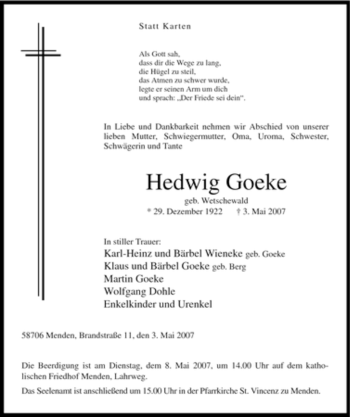Traueranzeige von Hedwig Goeke von Tageszeitung