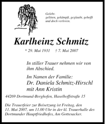 Traueranzeige von Karlheinz Schmitz von Tageszeitung