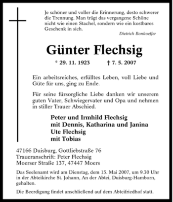 Traueranzeige von Günter Flechsig von Tageszeitung