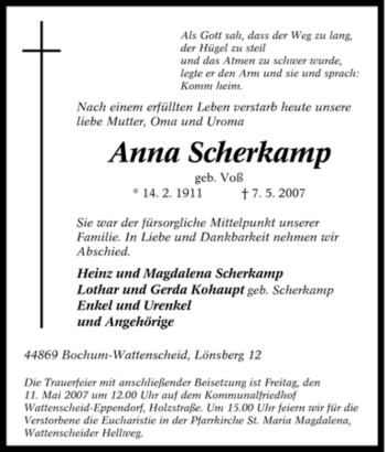 Traueranzeige von Anna Scherkamp von Tageszeitung