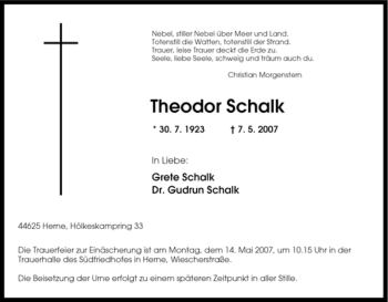 Traueranzeige von Theodor Schalk von Tageszeitung