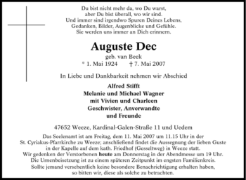 Traueranzeige von Auguste Dec von Tageszeitung