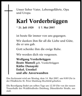 Traueranzeige von Karl Vorderbrüggen von Tageszeitung