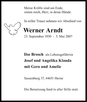 Traueranzeige von Werner Arndt von Tageszeitung