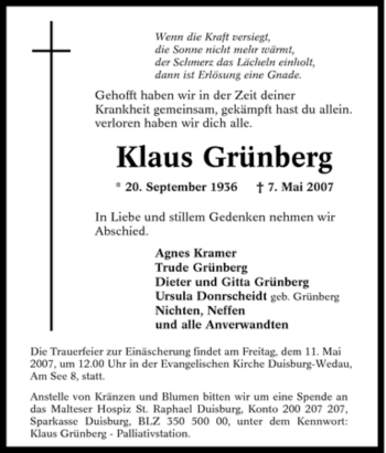 Traueranzeige von Klaus Grünberg von Tageszeitung