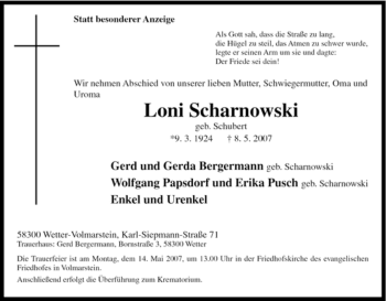 Traueranzeige von Loni Scharnowski von Tageszeitung